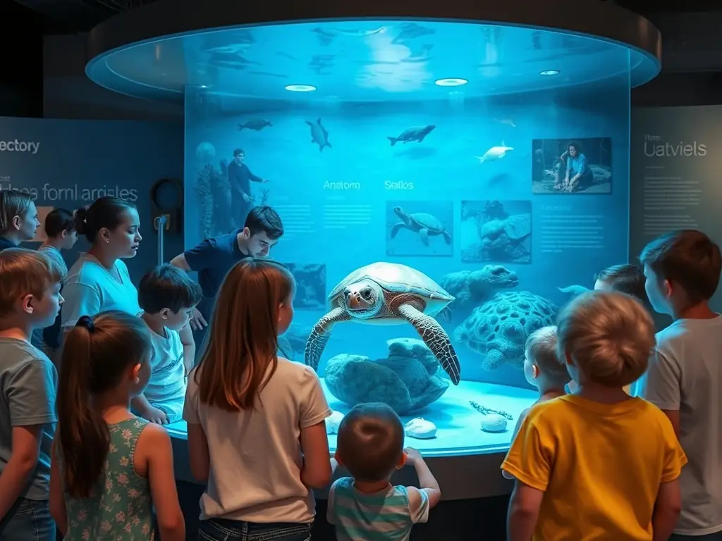 Visitors of all ages are gathered around an interactive exhibit, learning about the anatomy of a sea turtle at Palais du Vent.