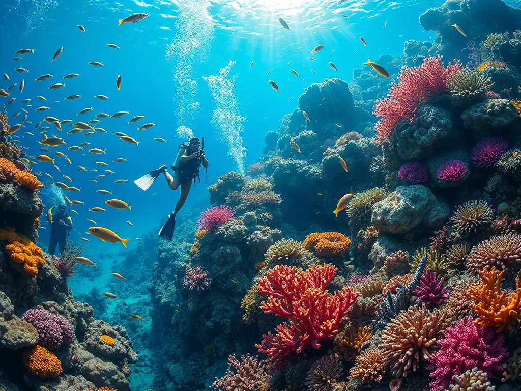 A stunning image of a coral reef ecosystem, showcasing the biodiversity and conservation efforts supported by Palais du Vent.