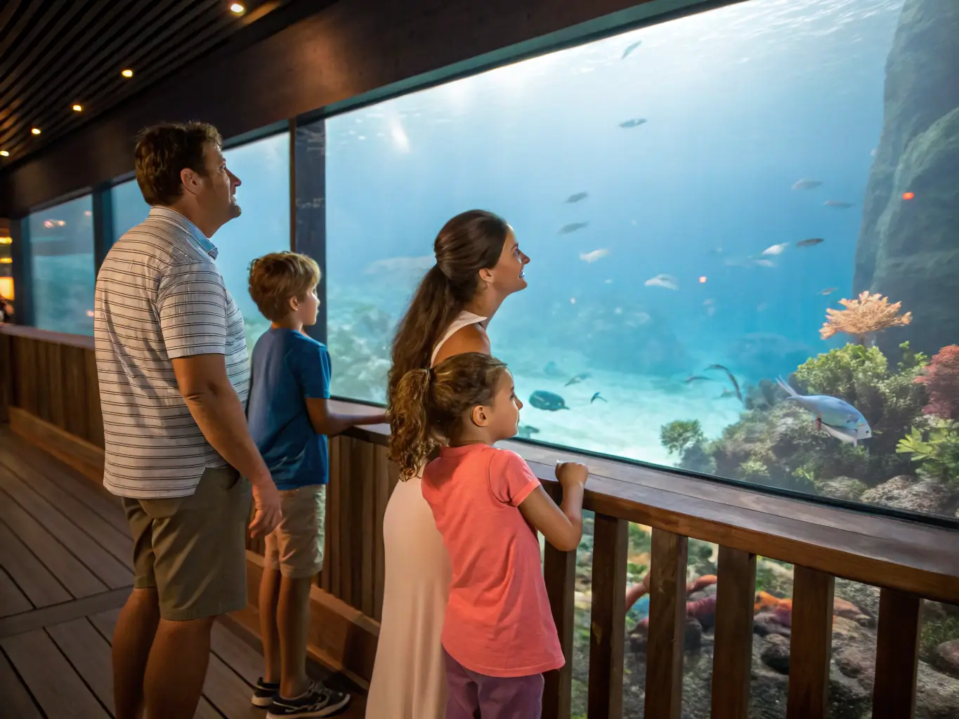 A family enjoying a guided tour of the aquarium, with a knowledgeable guide pointing out and explaining the various marine species in their habitats.