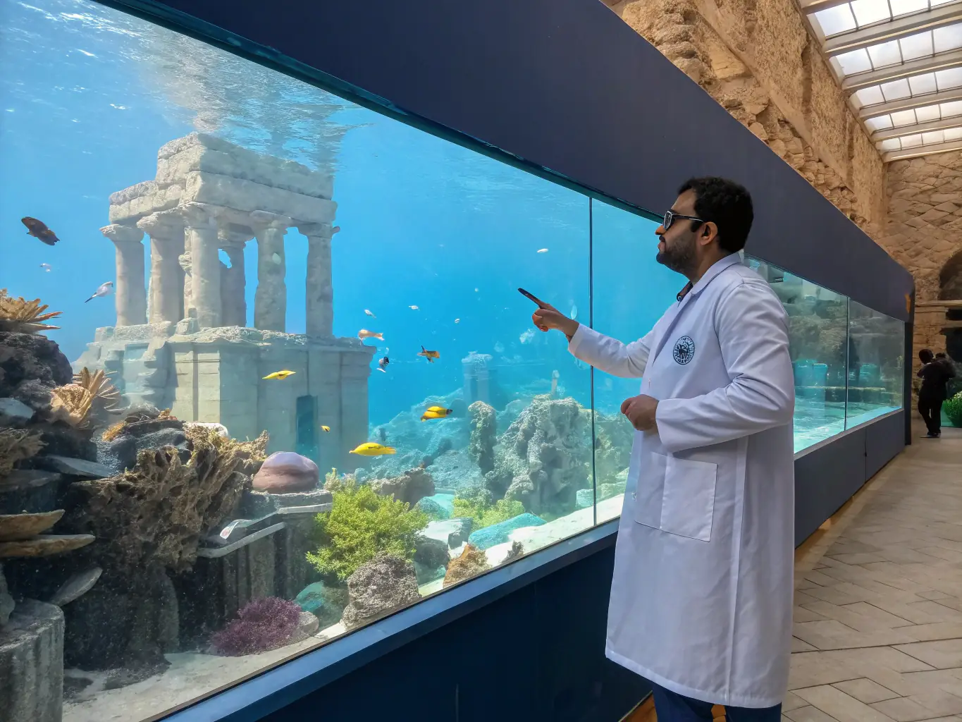 A vibrant image of visitors observing marine exhibits with marine biologists explaining marine species, showcasing an educational marine tour at Palais du Vent.