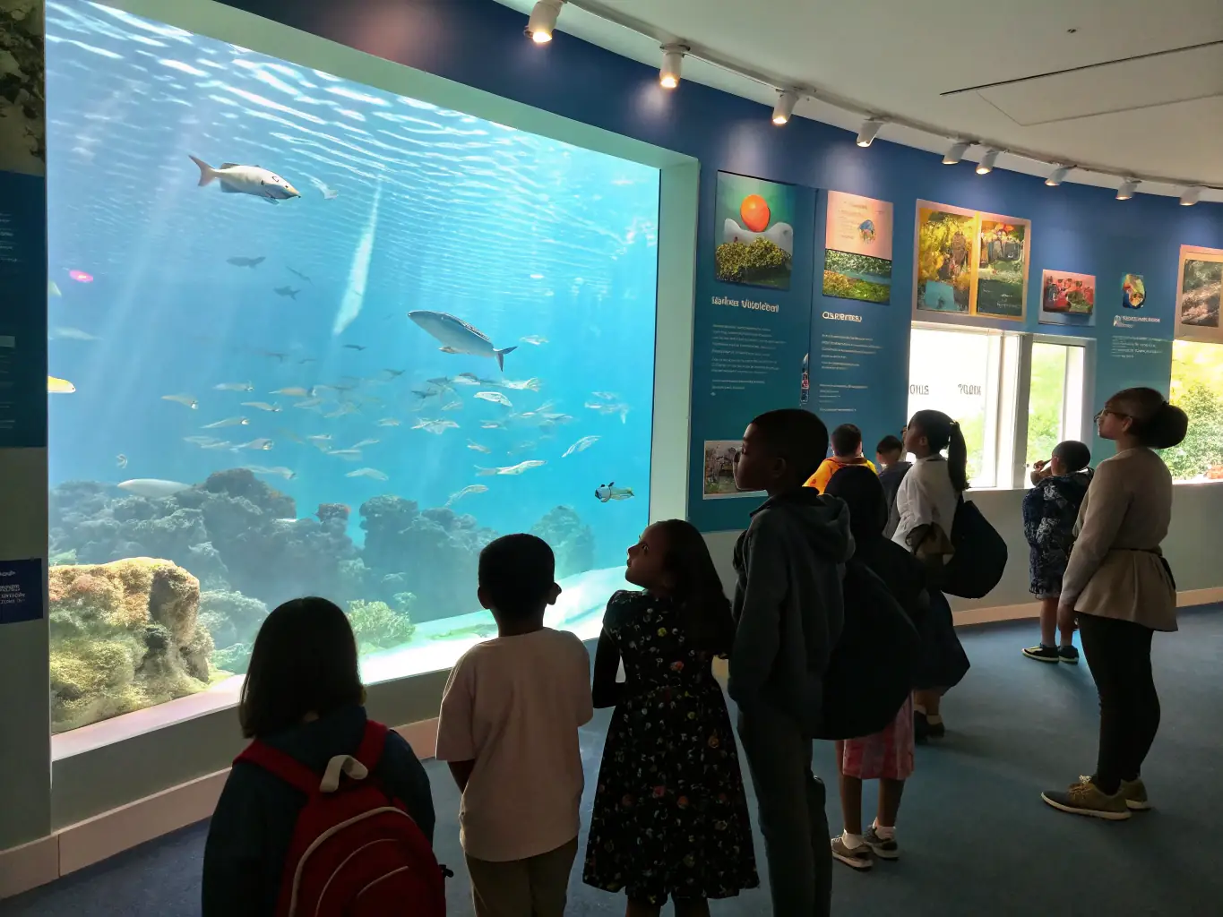 A group of children enthusiastically participating in a hands-on marine biology workshop at Palais du Vent, surrounded by educational materials and guided by an instructor.