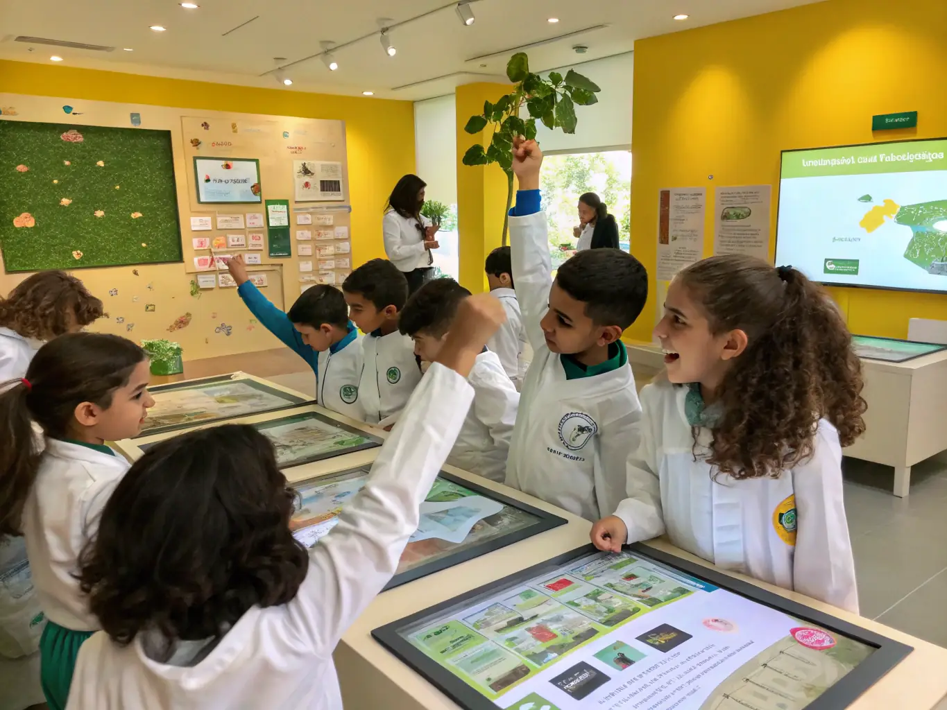 A group of children enthusiastically participating in a hands-on marine biology workshop at Palais du Vent, surrounded by educational displays and supervised by instructors.