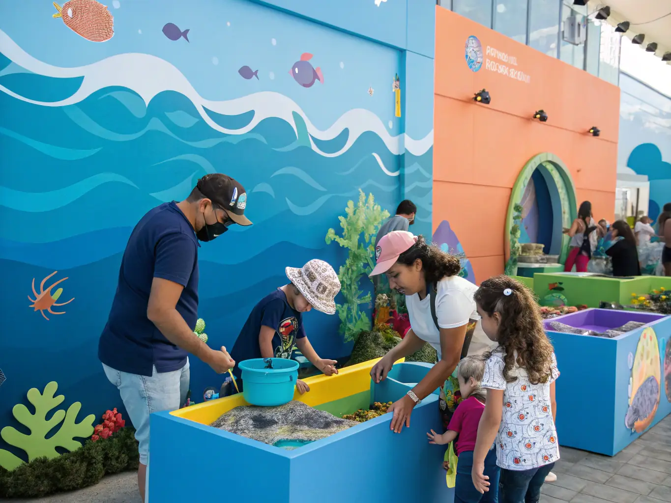 Visitors exploring an exhibit at Palais du Vent, featuring interactive displays and educational information about marine ecosystems and conservation.
